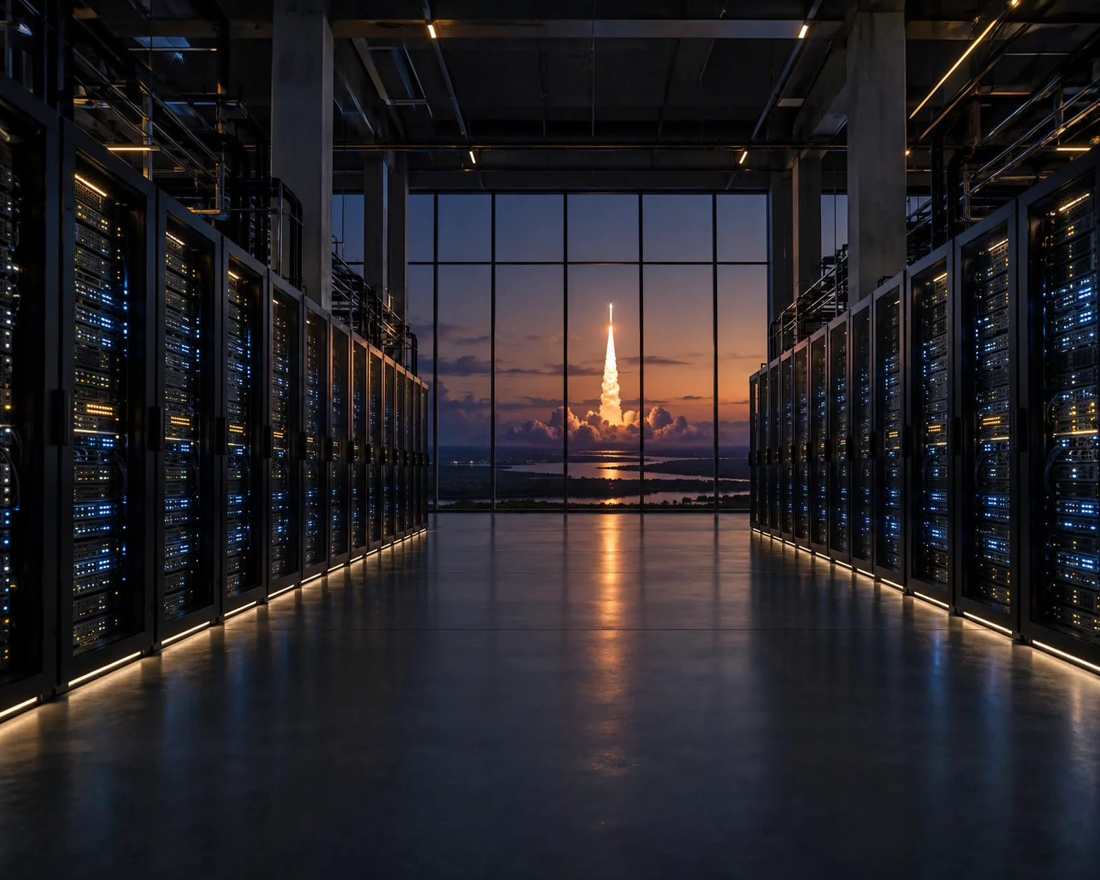 Rows of GPU server racks in a data center with a rocket launch visible through a window.