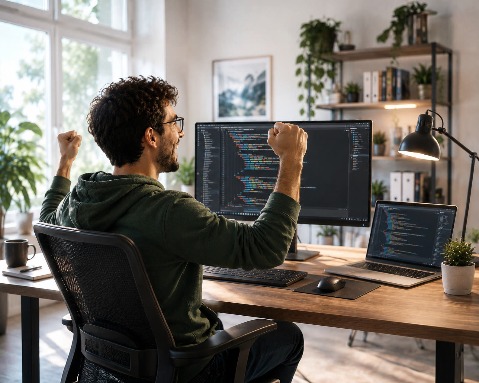 A man with curly hair and glasses sits at a desk, raising his fists in triumph while looking at a computer screen.
