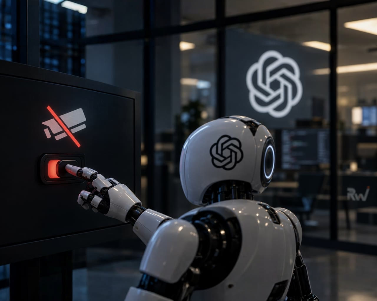 A white robot presses a red button on a black panel with a "no credit card" symbol, while a logo is visible in the background.