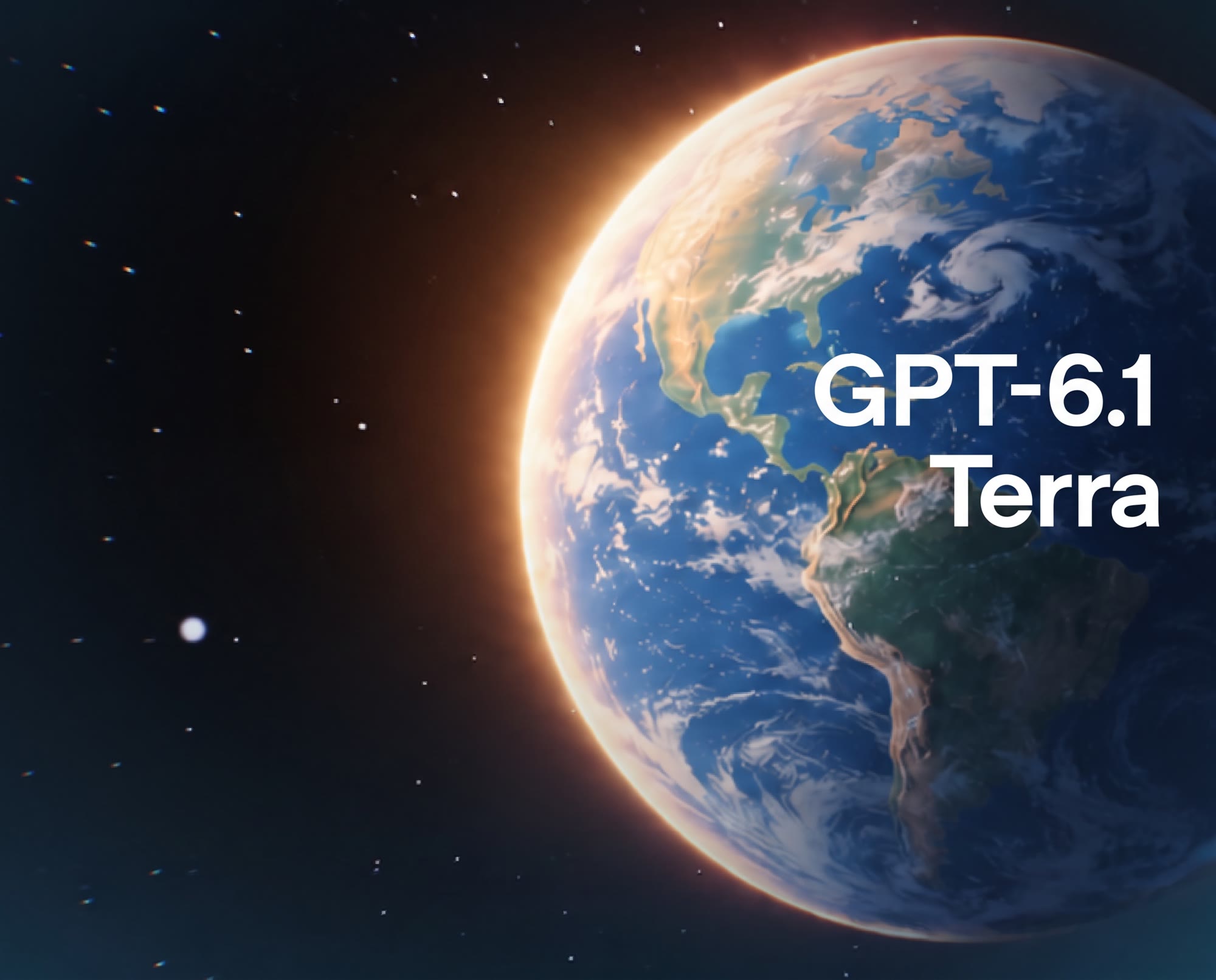 A brightly lit Earth in space with "GPT-6.1 Terra" written in white text.